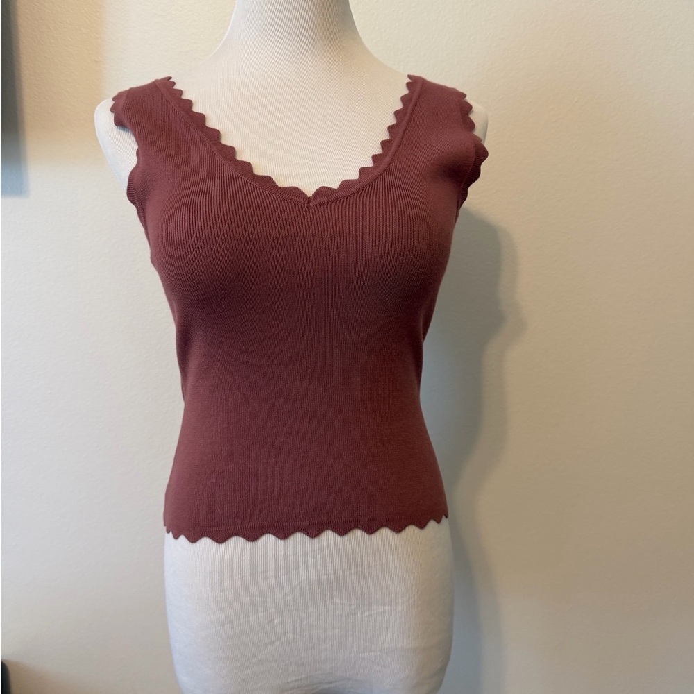 NWT The Workshop Women's Scalloped V-Neck Knit Tank Top - Dusty Rose - Lg